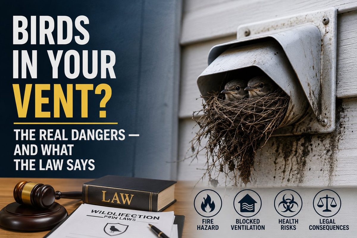Two birds nesting in a home's exterior vent hood, beside a law book and gavel representing wildlife protection laws