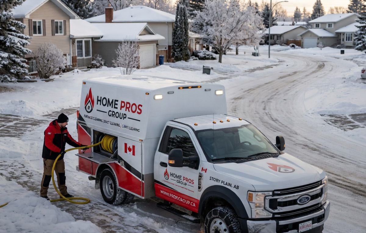 Home Pros Group service truck parked on a snowy Edmonton-area street as a technician unwinds the cleaning hose