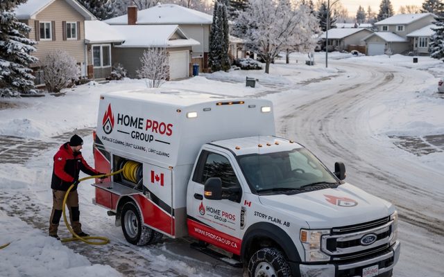 Home Pros Group service truck on a snowy Edmonton street, technician unwinding the cleaning hose