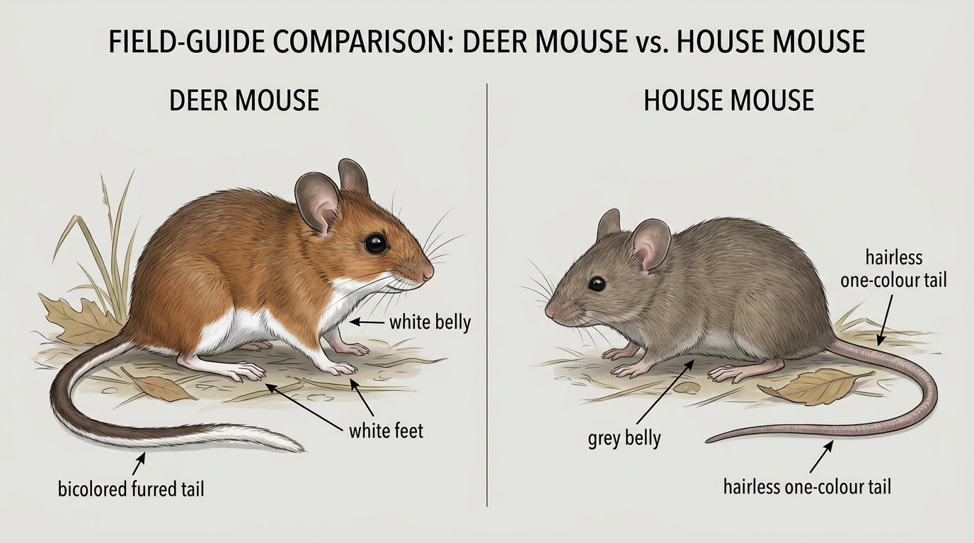 Side-by-side comparison of a deer mouse with a white belly and bicoloured tail and a uniform grey house mouse