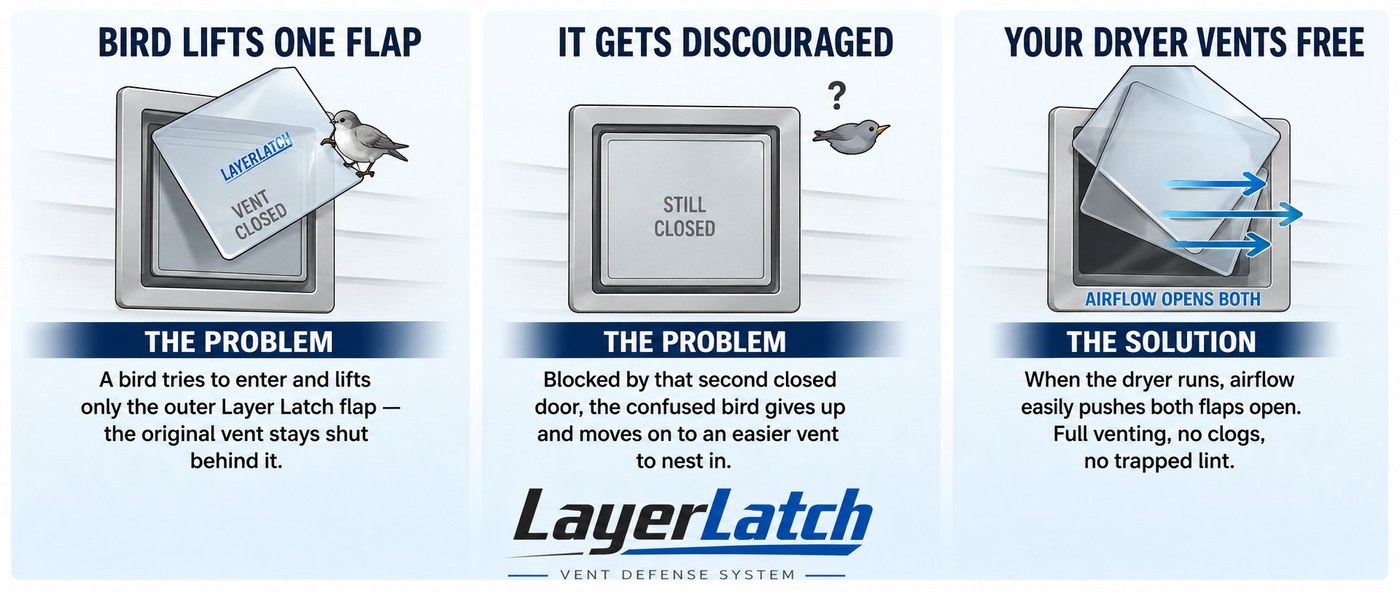 How Layer Latch works: a bird lifts only the outer flap while the vent stays closed, the bird gets discouraged and moves on, and the dryer airflow opens both flaps freely